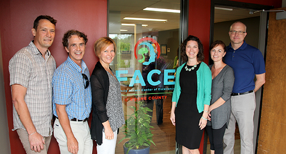 Mizzou faculty members involved with FACE include, left to right, Aaron Thompson, School of Social Work; Keith Herman, ESCP at the College of Education; Kristen Hawley, Psychological Sciences; Kelly Schieltz, ESCP at the College of Education; Wendy Reinke, ESCP at the College of Education; Clark Peters, School of Social Work.