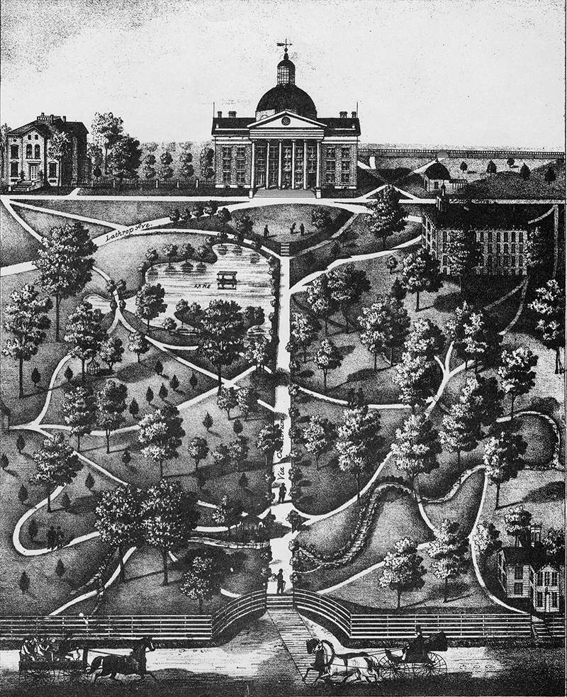 This 1800s lithograph is one of the earliest images of campus. It is not attributed to an artist but is consistently cited as published in 1875. Of note are the long-vanished “Chalybeate Spring” pagoda, bottom center, and Normal [School] Building, lower right. Courtesy University Archives, C:0/47/2.