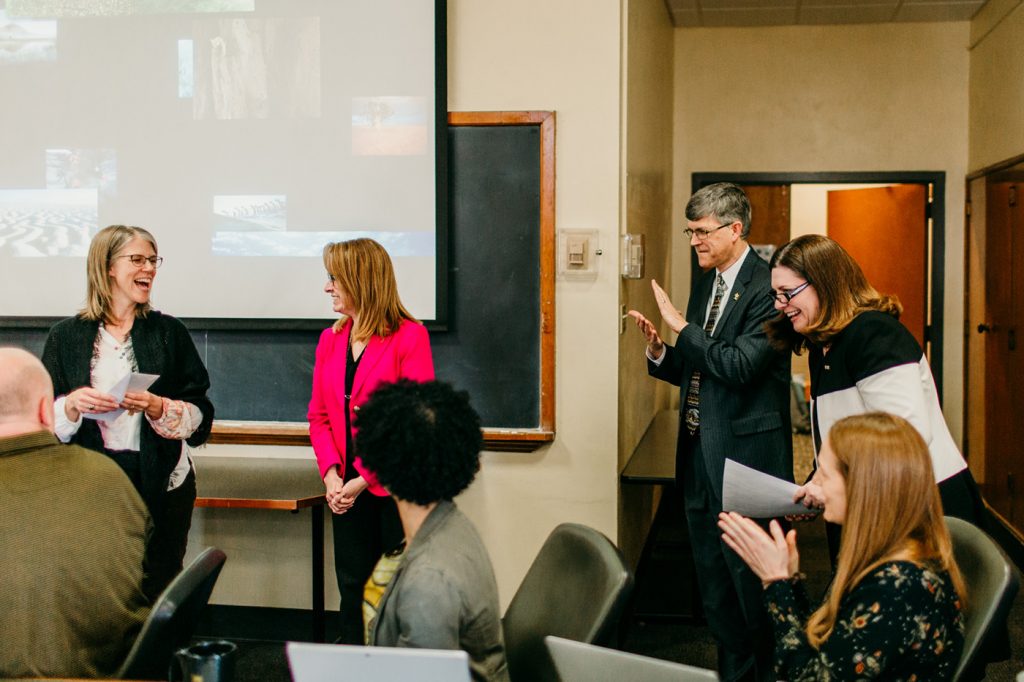 Lisa Dorner was surprised with the UM System President’s Award for Intercampus Collaboration.