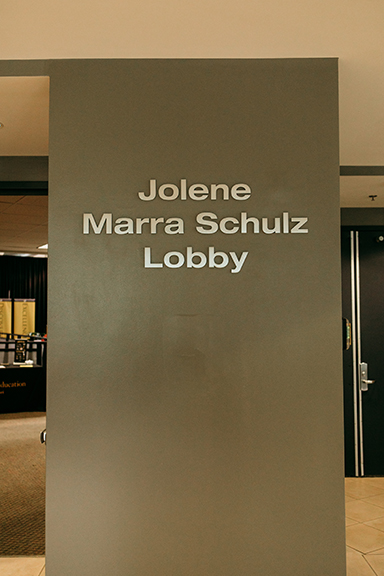 A photo of the wall stating Jolene Marra Schulz Lobby.