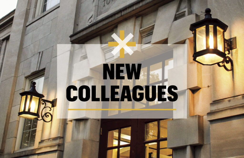 Image of a Townsend Hall door with the words "New Colleagues." 