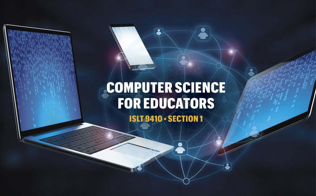 Online Course for Computer Science Endorsement Now Available, read more button, Computer Science for Educators IS_LT 9410 Section 1, computer generated image of laptop and tablet and phone, University of Missouri College of Education