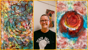 Linda Helmick with two paintings