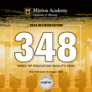 Informational Graphic showing Mizzou Academy scored 348 on the Cognia Index of Education Quality.  The average score is 253.