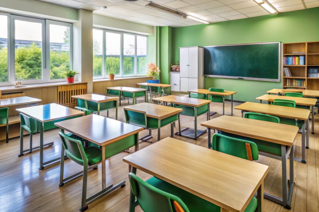 An empty classroom full of desks