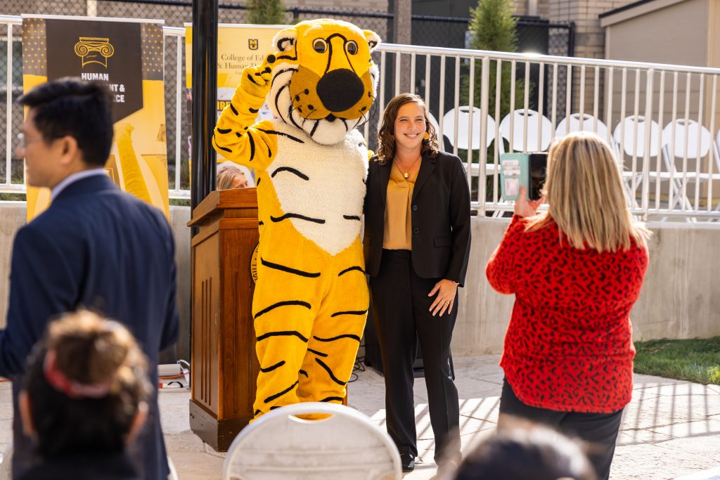 Leah Strid, Director of External Affairs for the Missouri Department of Higher Education and Workforce Development with Truman the Tiger