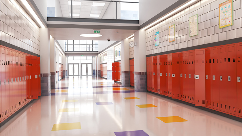 Interior hallway of a school with red lockers