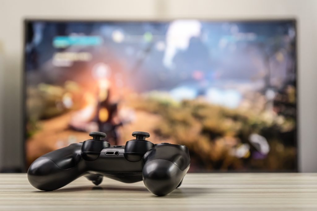 Joystick or gamepad on a table.Video game controller.