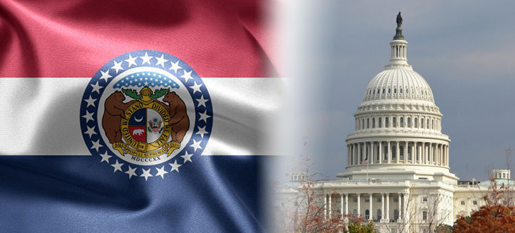 Missouri state flag and capital building