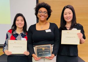 So Young Park, Jessica Marmolehos, Jeenkyoung Lee holding award certificates