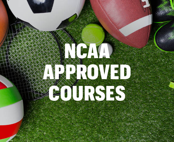 Mizzou Academy NCAA approved courses, astroturf background with various sports balls and equipment