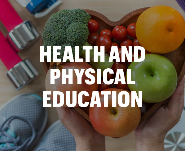 Health and Physical Education Courses, Mizzou Academy, photo of hands holding bowl of fruit and vegetables with tennis shoes and weights in the background