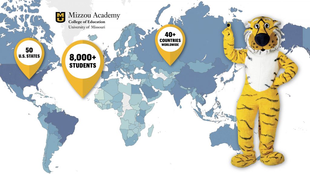 Mizzou Academy Global Impact Map, College of Education, University of Missouri, photo of Truman the Tiger with his hand in the air, pointing, map of world with countries in varying shades of blue, indicating Mizzou Academy students, 50 U.S. States, 8,000+ Students, 40+ Countries worldwide